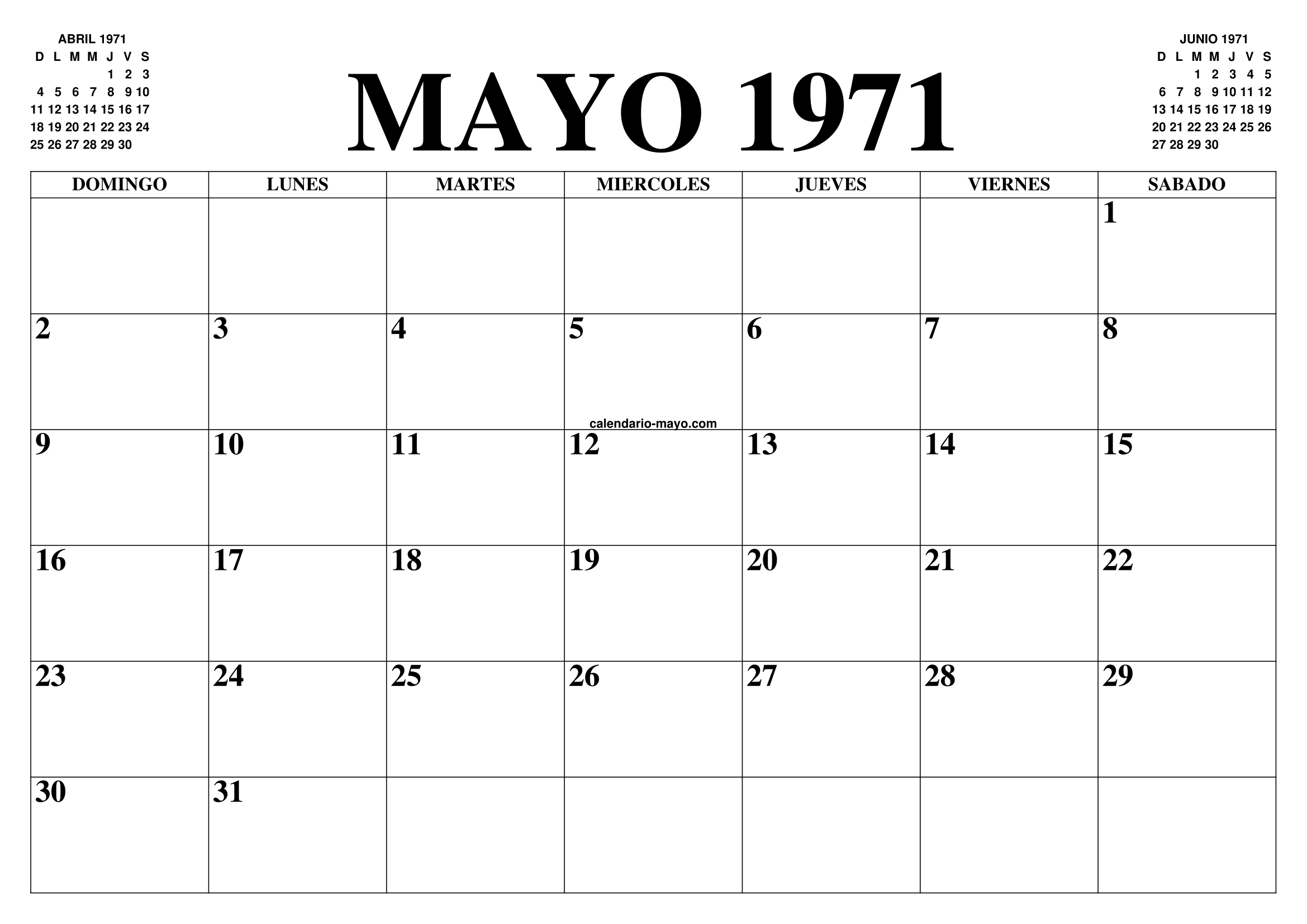 CALENDARIO MAYO 1971 EL CALENDARIO MAYO PARA IMPRIMIR GRATIS MES Y