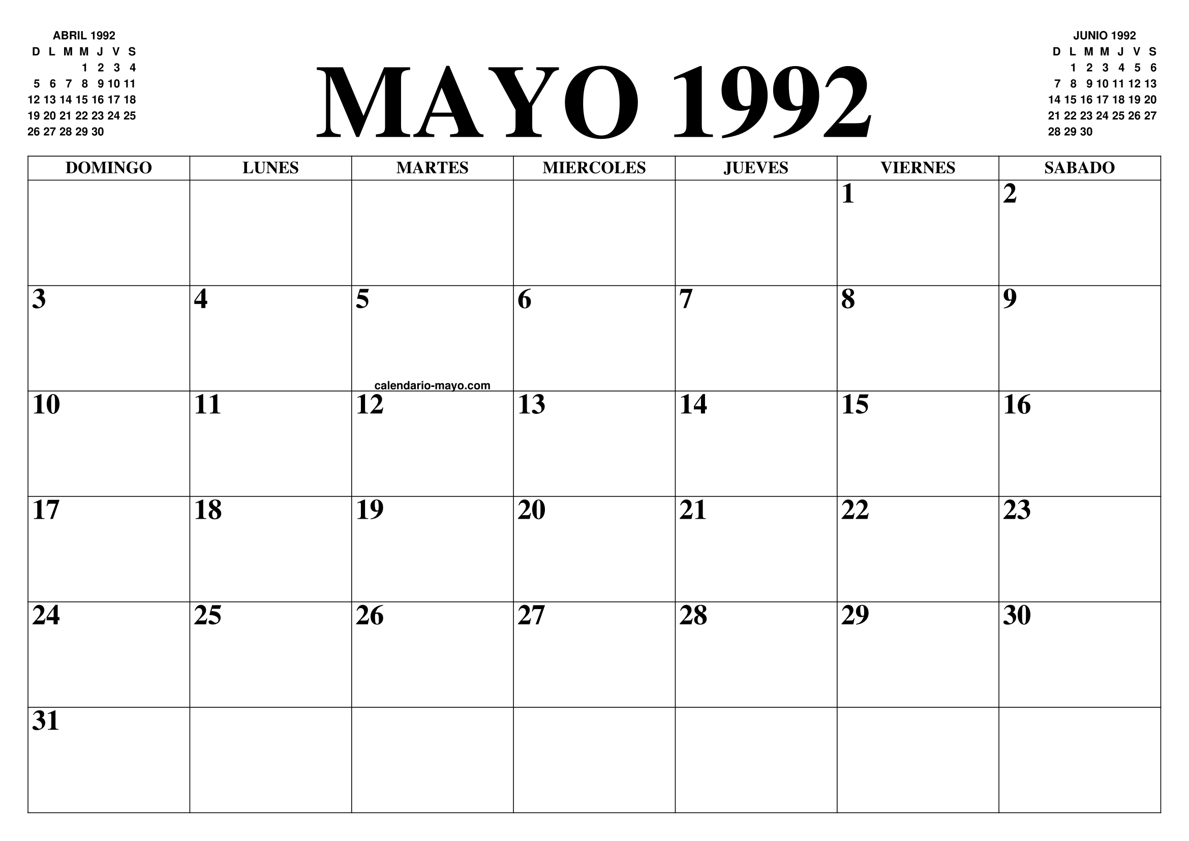 CALENDARIO MAYO 1992 EL CALENDARIO MAYO PARA IMPRIMIR GRATIS MES Y