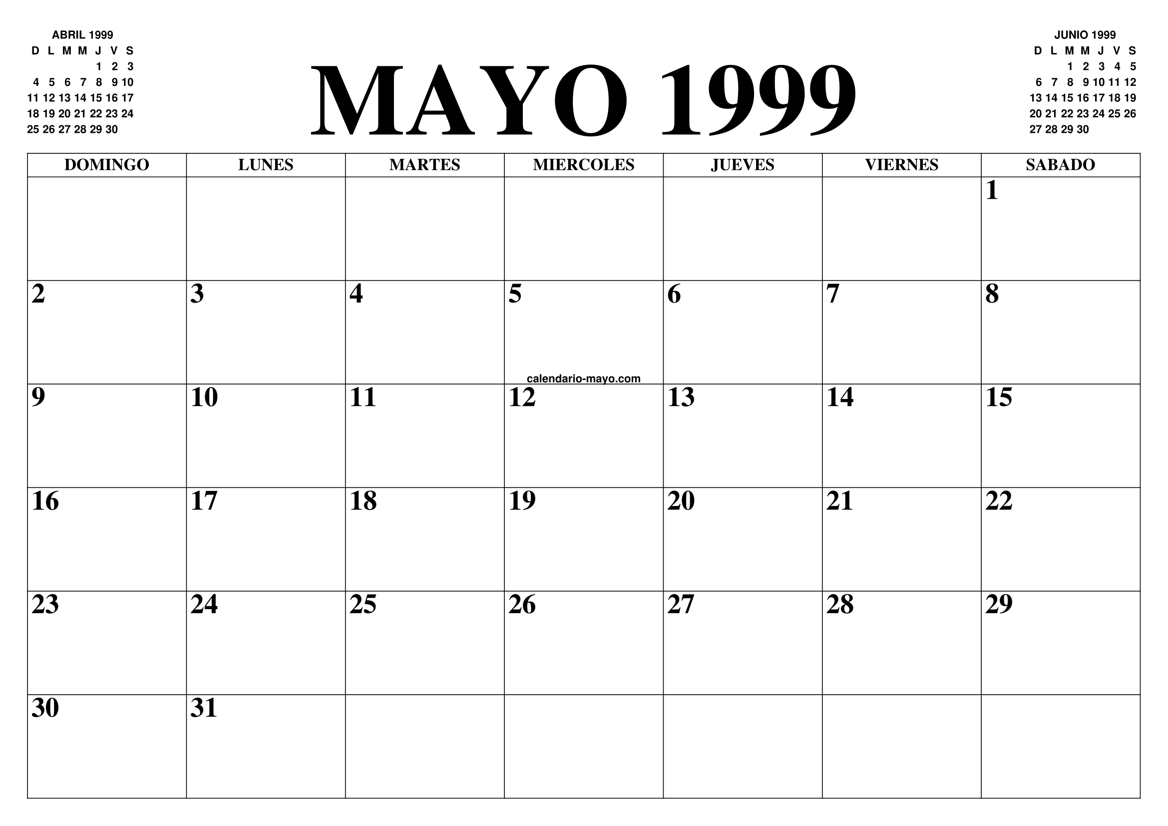CALENDARIO MAYO 1999 : EL CALENDARIO MAYO PARA IMPRIMIR GRATIS - MES Y ...