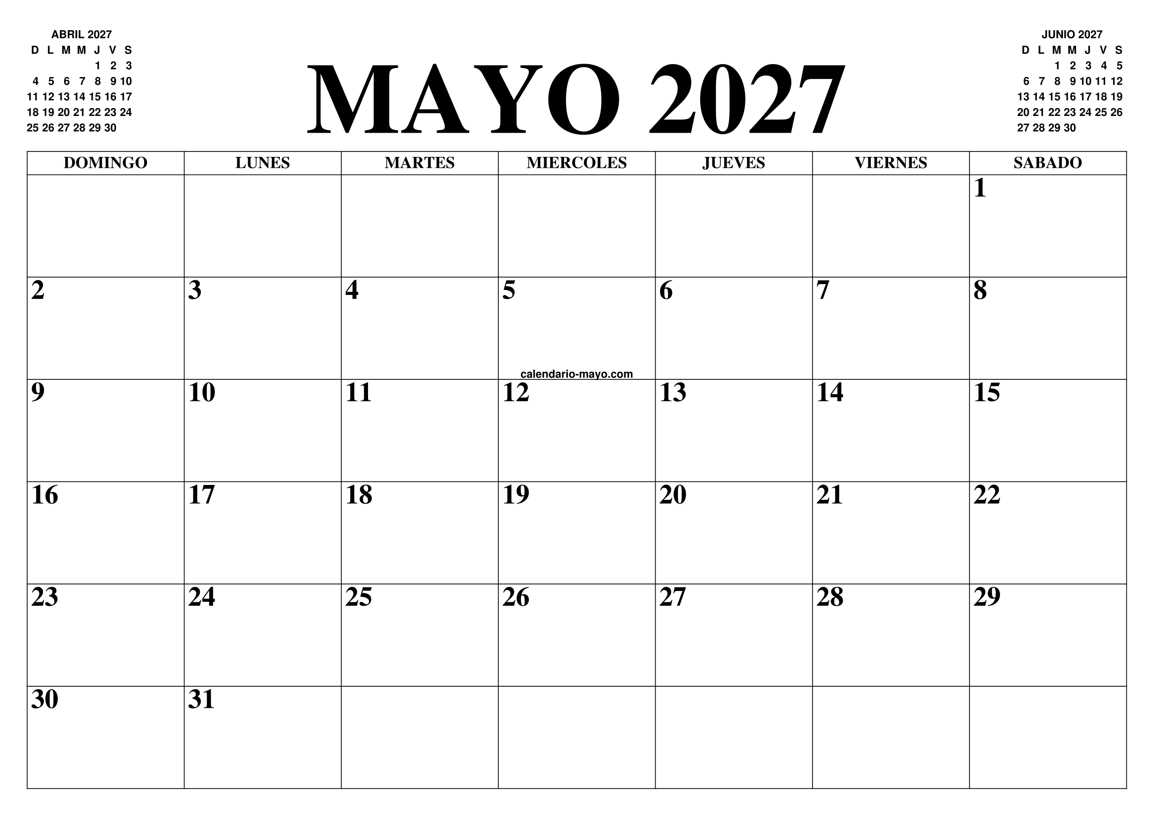 CALENDARIO MAYO 2027 : EL CALENDARIO MAYO PARA IMPRIMIR GRATIS - MES Y ANO AGENDA